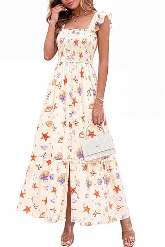 dowerme Womens Summer Maxi Dresses 2026 Casual Ruffle Sleeve Button Smocked Floral Slit Boho Dress Spring Beach Sundress(White Orange Red Flower,Medium) - Image 1