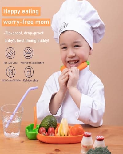 Ecrekhom Silicone Baby Feeding Set 5 Pcs, Weaning Supplies, Carrot Baby Plates Baby Spoon & Fork, Baby Utensils Feeding Essentials - Thumbnail 6