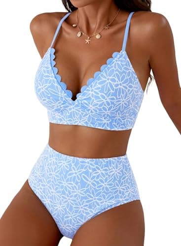 Herseas Women's Jacquard Fabric Bikini Sets Petal Edges V Neck Wire Free Swimsuits High Waisted Tie Back Bathing Suit Casual Light Blue Vacation Outfits 2026 Summer XX-Large - Image 1