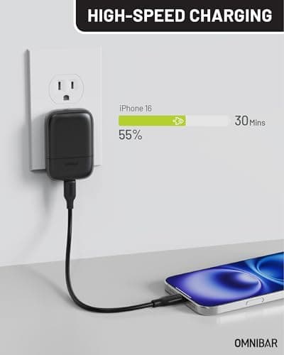 Omnibar Slim Flat 30W USB C Wall Charger, GaN Fast Charging Block with Foldable Plug, PD 3.0 PPS Type C Power Adapter for iPhone 17 16 15 Pro Max, Samsung Galaxy S26 S25 S24, iPad Pro, AirPods, Black - Thumbnail 5