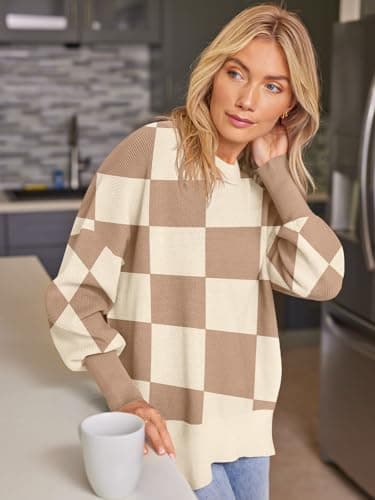 EFAN Women's Oversized Sweaters 2026 Fall Trendy Crewneck Batwing Sleeve Chunky Knit Long Pullover Cute Tunic Tops Dress Winter Clothes Cashmere Fashion Outfits Ladies Clothing Khaki Plaid L - Thumbnail 3