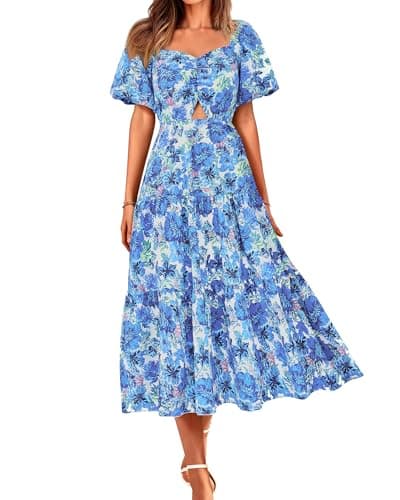 BTFBM Summer Dresses for Women 2026 Spring Outfits Beach Vacation Short Sleeve Smocked Boho Casual Floral Maxi Dress(Floral Blue, X-Large) - Image 1