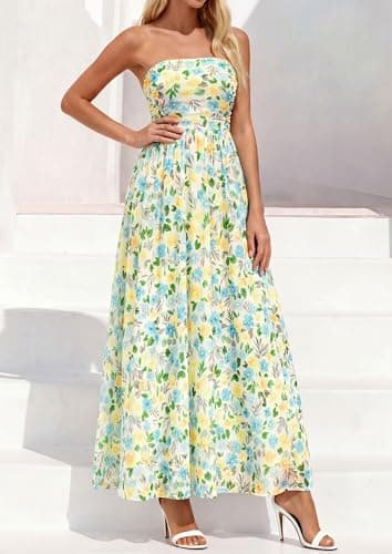 PRETTYGARDEN Women Strapless Maxi Dress 2026 Summer Floral Tube Top Ruched Beach Spring Wedding Guest Long Dresses (Floral White Light Green,X-Large) - Thumbnail 5