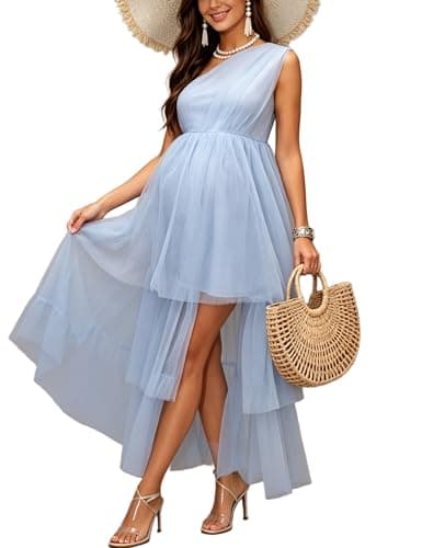 Yissang One Shoulder Tulle Maternity Dress Sleeveless Tiered Ruffle Maxi Dress for Baby Shower Photoshoot Blue - Image 1