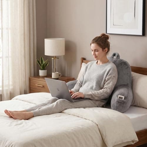 PAJEO Back Pillow for Bed Sitting Up,Large Backrest Reading Pillow with Arm Rest,Back Rest Support Cushion for Sitting Up on Couch,Sofa,Floor,Dorm Essentials (Grey Faux Fur,Standard(17")) - Thumbnail 2