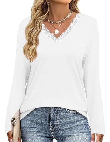 JUSTFASHIONNOW Shirts for Women Long Sleeve Lace Tops V Neck Solid Tshirt Plus Size Blouses Business Casual Fashion Tops Trendy Winter Clothes (White,X-Large) - Thumbnail 5