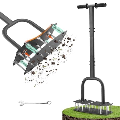 AHXPOCF Lawn Aerator Tool for Clay Soil - Kick to Unclog & Bolt-On Base Never Breaks - 11 Heavy-Duty 3.5” Spikes for Deeper Penetration - Pre-Assembled 12.2x6” Plate