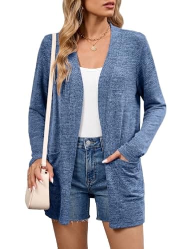 DEARCASE Cardigan Sweaters for Women Trendy Dark Blue Small Long Sleeve V Neck Open Front Ladies Cardigans Lightweight Womens Sweater Thin Bolero Soft Spring Fall Tops Knitted Coat with Pockets - Image 1