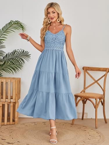 Dokuritu Women's Beach Crochet Lace Maxi Dress Solid Color Summer Vacation Spaghetti Strap Long Dress 2025 - Thumbnail 3