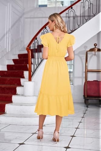 GRACE KARIN 2026 Womens Summer Dresses V Neck Ruffle Sleeve Floral Boho Beach A-Line Dress Light Yellow-Plain Small - Thumbnail 2