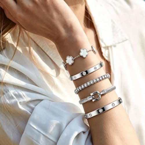 JINDETAI Stackable Silver Bracelets for Women - 3/4/5 Sets, Non-Tarnish Stainless Steel & Sterling Silver Trendy Stackable Bangle Jewelry Set, Gifts for Valentine's Day, Birthday, Prom and Christmas - Thumbnail 2