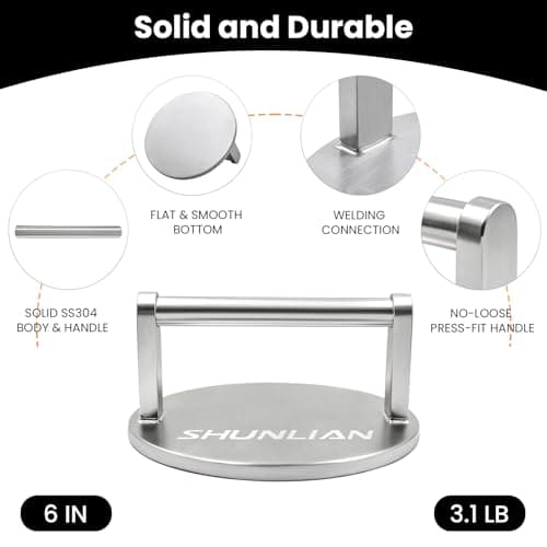 SHUNLIAN Smash Burger Press, 6 Inch Heavy Duty Burger Smasher Tool, 3.1lb Non-Stick Smooth Stainless Steel Grill Press for Flat Top Griddle, BBQ & Kitchen Use, Ground Beef, Meats, Bacon, Steak - Thumbnail 4