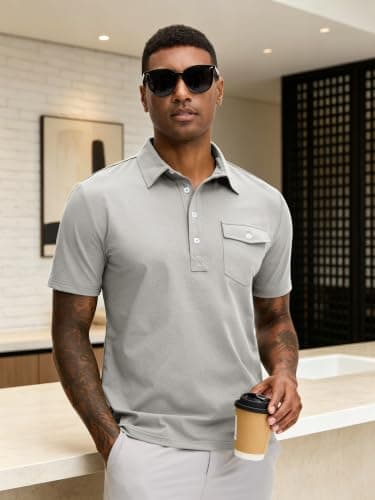 JEMLDL Mens Polo Shirt Quick Dry Short Sleeve Casual Summer Polo Tee with Pocket Classic Collared Golf Stylish Tops Light Gray L - Thumbnail 3