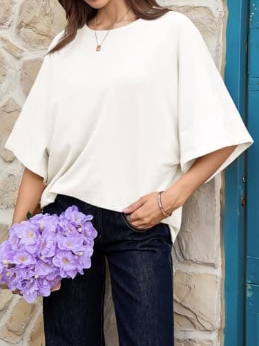Cicy Bell Womens Oversized Half Sleeve T-Shirts Summer Casual Crew Neck Tshirt Loose Fit Side Slit Tee Tops White - Thumbnail 5