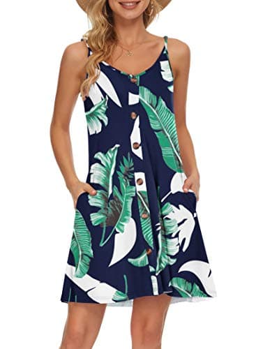 WNEEDU Women's Summer Spaghetti Strap Button Down V Neck Casual Beach Cover Up Dress with Pockets,Print Blue S - Image 1