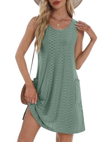 BKRIVE Swimsuit Coverup for Women Summer Dresses 2026 Loose Swing Tank Dress Cruise Outfits Sundresses with Pockets Eyelet Teal Green S - Image 1