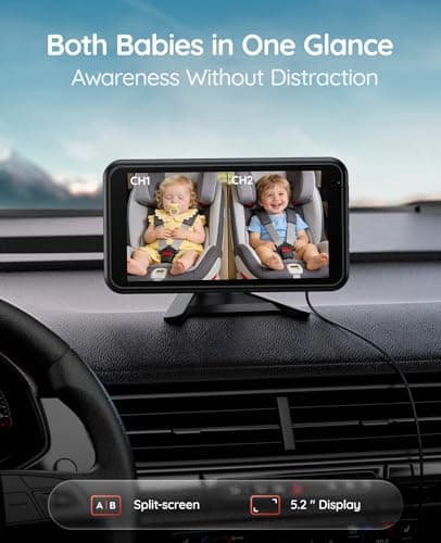 Babyvue BV6PRO Wireless Dual Car Camera Baby Monitor Fast Setup, HD1080P Spilt-Screen Baby Car Monitor for 2 Kids, Auto IR Night Vision Backseat Camera for Newborns Gift - Thumbnail 4