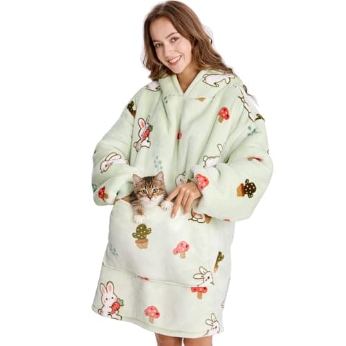 Aemilas Wearable Blanket Hoodie for Adults & Teens - Cozy Sherpa Lined Comfort Oversized Blanket Sweatshirt with Giant Pocket for Women, Men, Best Friends, Light Green with Bunny Print, Gift Ideas