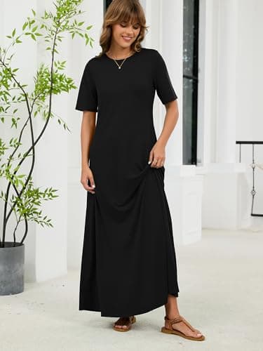 KORSIS Women's Summer Black XL Dresses Short Sleeve Casual Long T-Shirt Dress Loose Flowy Beach Vacation Sundress with Pockets - Thumbnail 2