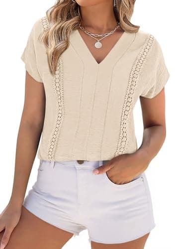 PRETTYGARDEN Blouses for Women Dressy Casual Spring 2026 Cap Sleeve V Neck Lace Trim Boho Tops Work Shirts Summer Clothes (Beige,Small) - Image 1