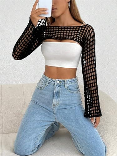 hathne Women Hollow Out Sweater Crop Flounce Off See Through Crochet Top Trumpet Long Sleeve Knit Top(Black,XL) - Thumbnail 6