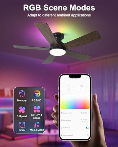Ombrin 42 Inch Ceiling Fans with Lights, Smart Ceiling Fan with Alexa Google App, Black Ceiling Fan with RGB Lights Remote, 6 Speeds Reversible DC Motor, Modern Flush Mount for Bedroom Living Room - Thumbnail 4