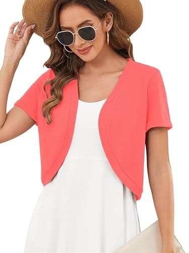 Heymoments Women's Short Sleeve Shrugs Watermelon Red Small Lightweight V-Neck Open Front Cropped Cardigan Knitted Bolero Sweaters Elegant Dresses Cover Up - Image 1