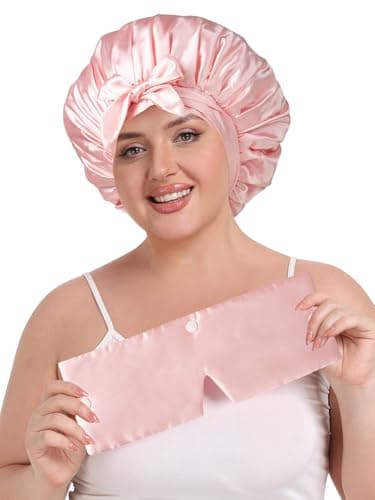 Vettres Double Layer Satin Bonnet for Sleeping with Detachable Eye Mask Adjustable Night Cap for Curly, Natural, Braided Hair Reduces Frizz & Locks in Moisture Yellow Strawberry - Thumbnail 4