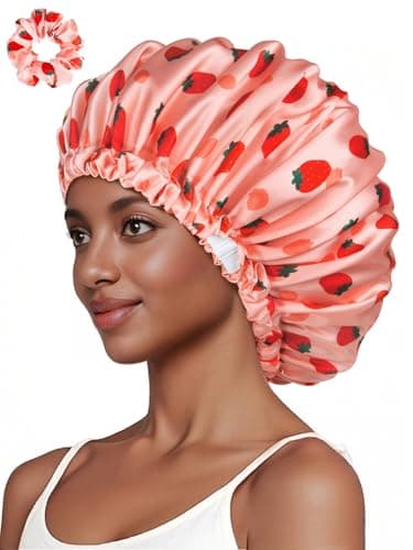Vettres Silk Hair Bonnet for Sleeping with Scrunchie Adjustable Sleep Bonnets Double Layer Satin Sleep Cap for Curly Hair Strawberries - Image 1