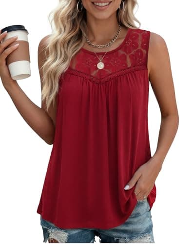Summer Tank Tops for Women - Sleeveless Womens Tank Tops, Floral Lace Top Loose Fit Round Neck Blouses for Casual Wear Burgundy - Image 1