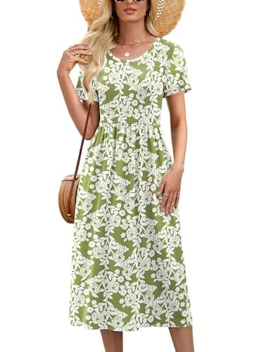 Heymoments Women Dress Green Roses Medium Wedding Guest Crewneck Short Sleeves A line Casual Flowy Swing Cocktail Slimming Birthday Party Summer Travel Long Midi Dresses with Pocket