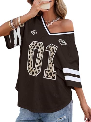 Bellcoco Women's Y2k Leopard Number Graphic Shirts Oversized Jersey Tops V Neck Off Shoulder Tees Football Streetwear Brown Graphic S - Image 1