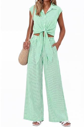 PRETTYGARDEN 2 Piece Sets For Women Summer Striped Button Down Tie Front Crop Tops Wide Leg Pants Floral Lounge Set 2026(Striped Green,Medium)