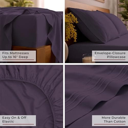 Mellanni California King Sheet Set - 6-Piece Iconic Collection Bedding, (Including 4 Pillowcases), 16-Inch Deep Pocket, Easy Care, Extra Soft, Cooling Sheets, Brushed Microfiber - Purple - Thumbnail 5