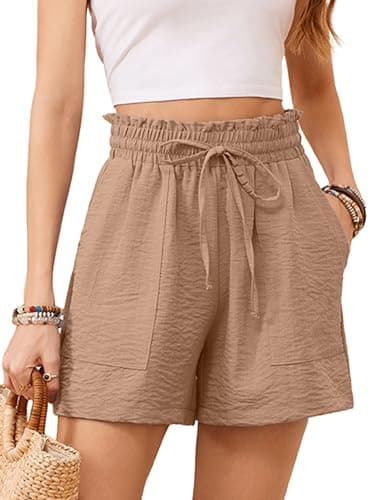 KORSIS Women Shorts High Waist Elastic Summer Lounge Casual Beach Vacation Work Loose Trousers with Pockets Wheat S
