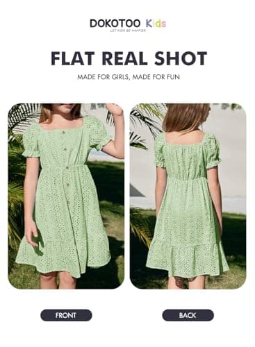 DOKOTOO KIDS Girls Dresses Summer Teen Girl Short Sleeve Party Dress Tween Junior A-line Cotton Cute Casual Eyelet Button Flowy Cute Tropical Beach Outfits Green Medium Size 6 7 Years Old - Thumbnail 4