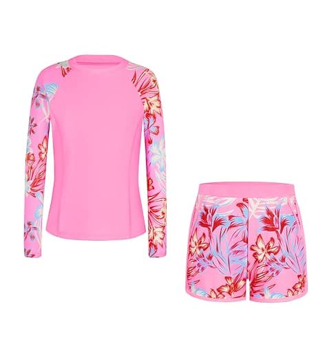 Alakuoti Girls Rash Guard Swimsuit Two Piece Bathing Suit UPF 50+ Sun Protection Long Sleeve Swimwear Size 8 Pink Flower - Thumbnail 4