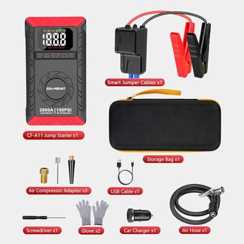 SEAMOUNT 2000A Jump Starter with Air Compressor Combo, Portable Car Battery Booster Pack for 6L Gas / 3L Diesel, 150PSI Tire Inflator, LED Emergency Light, Complete Roadside Kit - Thumbnail 2