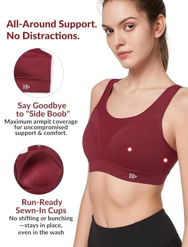 Yvette Supportive Adjustable Sports Bras for Women High Impact Support, Sewn-in Molded Cup Running Bra Large Bust No Bounce, Wireless Comfortable Workout HIIT with Hook & Eye Closure,Wine Red, 3XL+ - Thumbnail 3