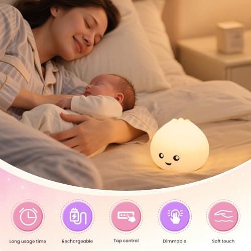 loatme Night Light for Kids, Rechargeable Dimmable Silicone LED Nightlight with 7 Colors, Baby Nursery Night Lamp, Touch Squishy Lamp, Cute Gifts for Girls, Boys, Toddler Room Decor, Dumpling - Thumbnail 5