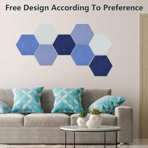 Vienrose Hexagon Felt Bulletin Board Self Adhesive Pin Board Wall Decoration Tiles with 35 Push Pins for Office Home and School, Blue Series 8 Pack - Thumbnail 5