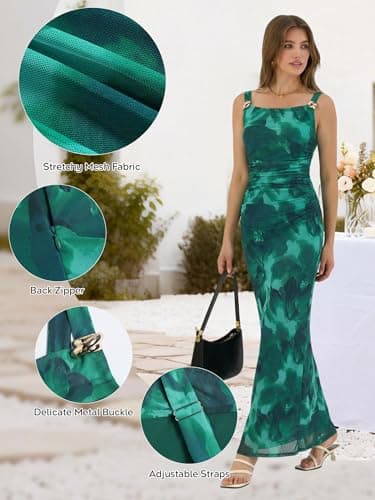 ZAFUL Green Bodycon Dress for Women's Sexy Wedding Guest Dress Formal Sleeveless Mesh Ruched Bodycon Maxi Party Long Dresses - Thumbnail 4