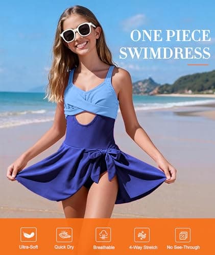 MFAVIP Girls One Piece Swimsuits Teen Bathing Suit Blue Ruffle Swim Dress Adjustable Straps Size 9-16 - Thumbnail 4