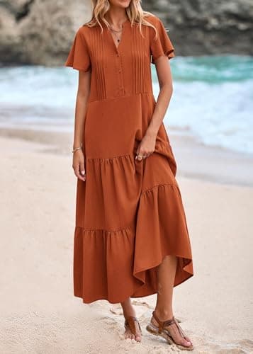 KIRUNDO Summer Maxi Dresses for Women 2026 Spring Fashion Short Sleeve Button V Neck Pleated Loose Tiered Swing Flowy Dress(Rust Red, XX-Large) - Thumbnail 3