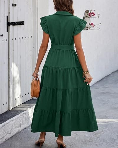 dowerme Woman Spring Dresses Cap Sleeve V Neck Button Elastic High Waist Belted Tiered Boho Flowy Swing Beach Dress(Dark Green,X-Large) - Thumbnail 5