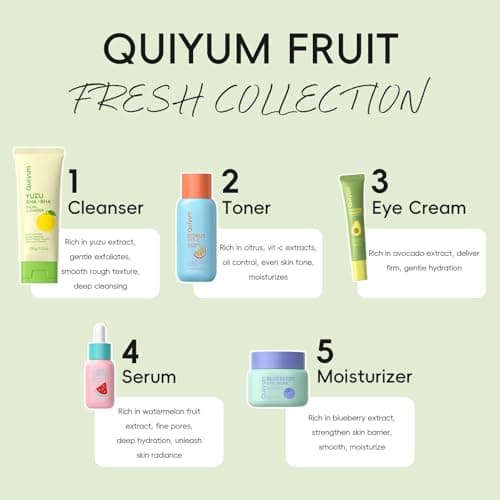 QUIYUM Fruit Skincare for Teens, 5 Daily Routine Beauty Skin Care Sets - Exfoliating, Smooth, Clean, Oil Control, Firm, Hydrating, Glow Up, Facial Skincare Gift Set for Girls Women, for All Skin Types - Thumbnail 2