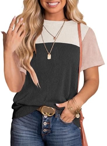 BLENCOT Womens Spring Tops Summer Shirts Colorblock Crewneck Short Sleeve Blouse Casual Loose Fit Junior Cute Going Out Cute Outfits Tunic White Black XX-Large - Image 1