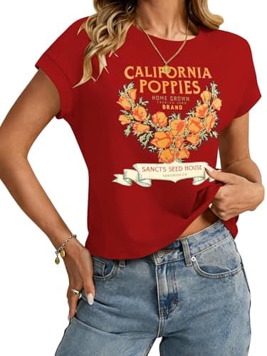 TAKEYAL Womens Graphic T Shirts Red Vintage California Poppies Flower Tshirt for Teens Large A Red - Image 1