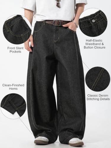 Areant Mens Baggy Jeans Wide Leg Loose Fit Hip Hop Vintage Jeans Relaxed Fit Elastic Waist Denim Pants Skate Streetwear Y2K Black XX-Large - Thumbnail 4