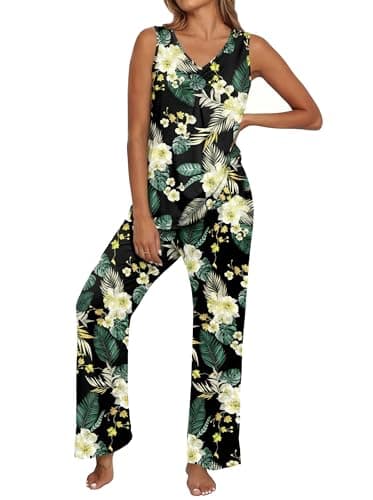 PrinStory Womens Pajama Sets Soft Knit Pjs 2 Piece Sleeveless Pajama Set Summer Lightweight Pj with Pockets Green Leaf Lily-XL - Image 1